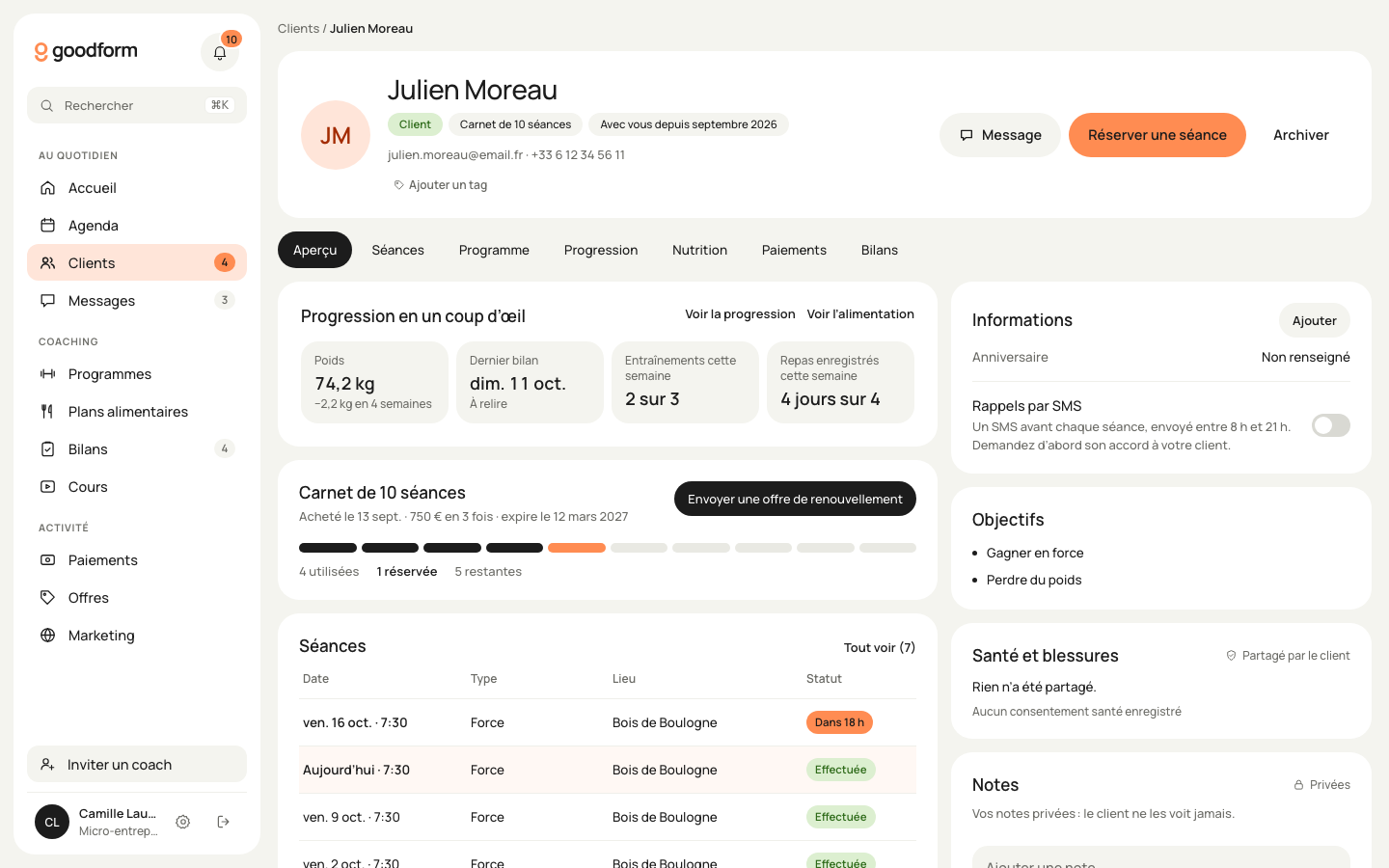 La fiche d’un client : séances restantes, prochaines séances, paiements et notes