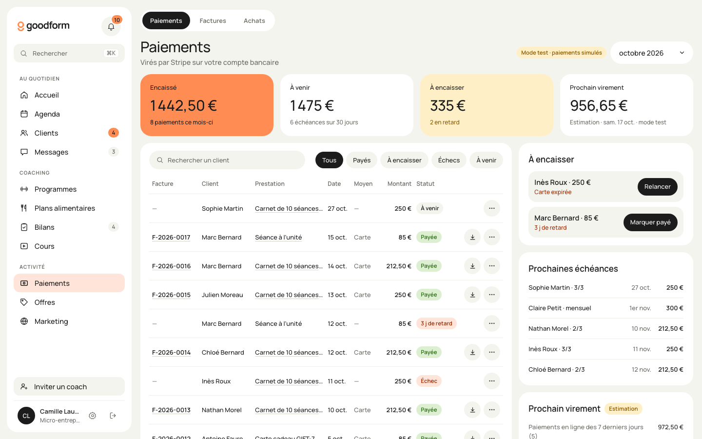 La page Paiements : encaissé, à encaisser et factures